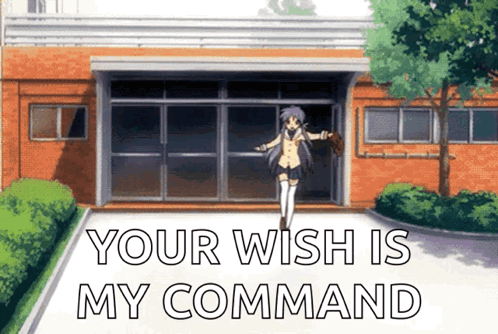 A Cartoon Of A Girl Standing In Front Of A Building With The Words Your Wish Is My Command GIF