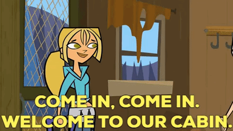 A Cartoon Of A Girl Standing In Front Of A Window Says Come In Come In Welcome To Our Cabin GIF