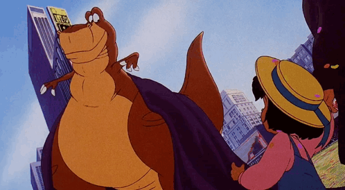 A Cartoon Of A Girl Standing Next To A Dinosaur With A Sign That Says ' Let 'S Go ' GIF