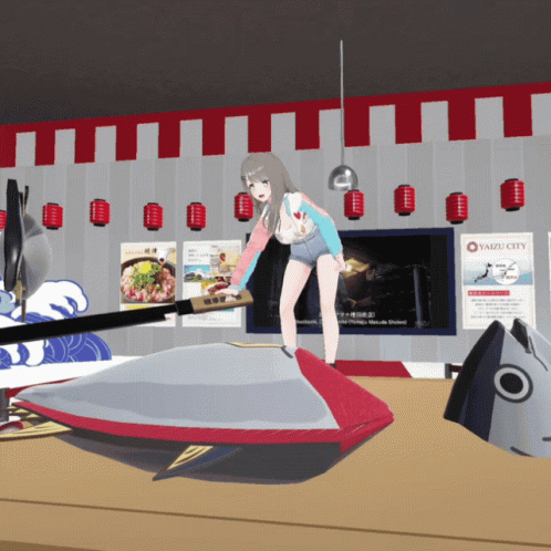 A Cartoon Of A Girl Standing Next To A Large Fish With A Sign That Says Yaizu City On It GIF