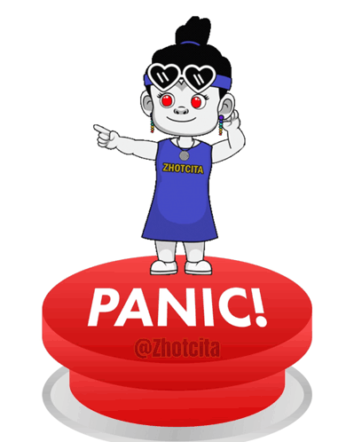 A Cartoon Of A Girl Standing On A Red Panic Button GIF
