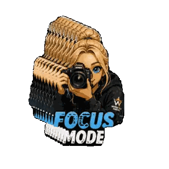 a cartoon of a girl taking a picture with the words focus mode written below her