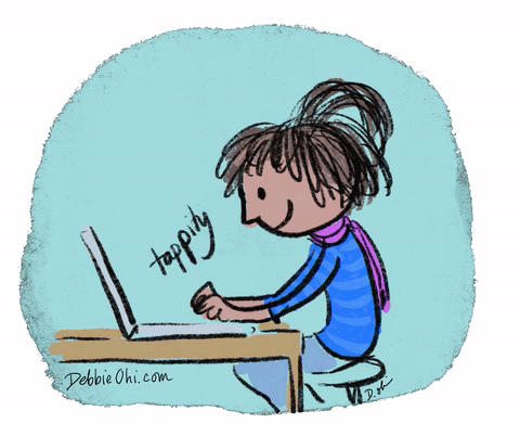 A Cartoon Of A Girl Typing On A Laptop With The Website Debbieohi.com Visible GIF