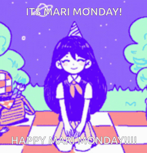 A Cartoon Of A Girl Wearing A Party Hat With The Words It 'S Mari Monday Happy Mari Monday Written Below Her GIF