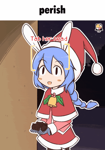 A Cartoon Of A Girl Wearing A Santa Hat And Holding A Brownie Says Perish Tab Her Head GIF
