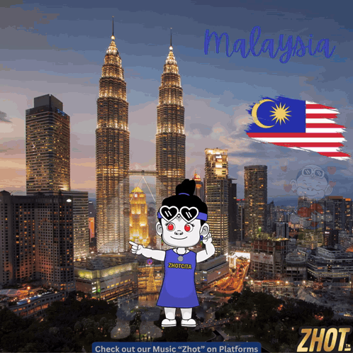 a cartoon of a girl wearing a zhotcha shirt in front of a malaysian flag