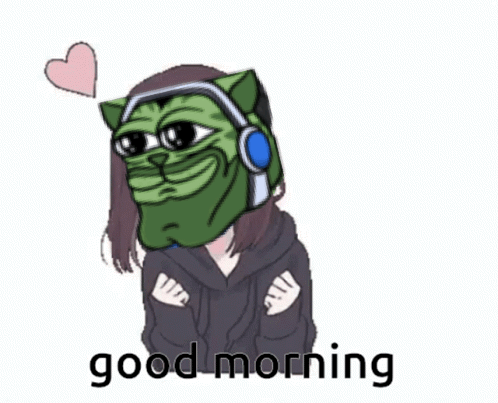 A Cartoon Of A Girl Wearing Headphones And A Frog Mask With The Words Good Morning Written Below It GIF