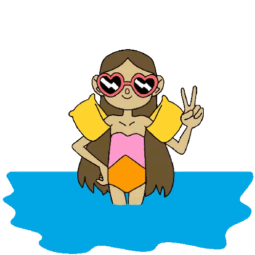 a cartoon of a girl wearing heart shaped sunglasses and arm floats in the ocean giving a peace sign