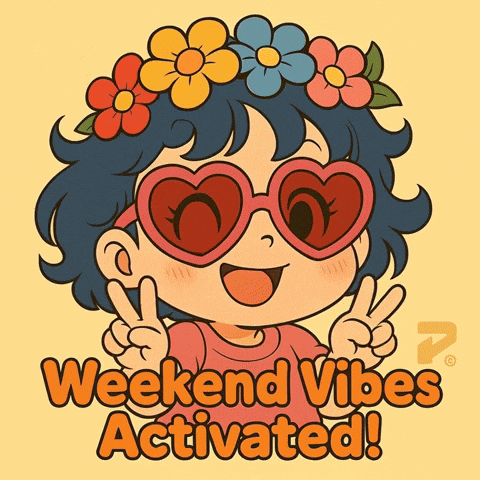 A Cartoon Of A Girl Wearing Heart Shaped Sunglasses With The Words Weekend Vibes Activated Below Her GIF