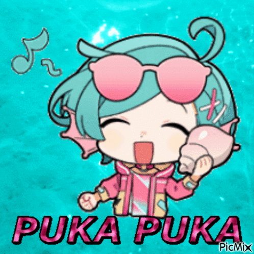 a cartoon of a girl wearing sunglasses and holding a seashell with the words puka puka on the bottom
