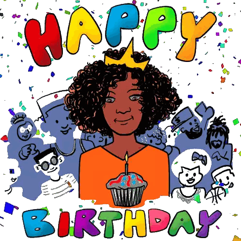 a cartoon of a girl with a cupcake and the words happy birthday below her