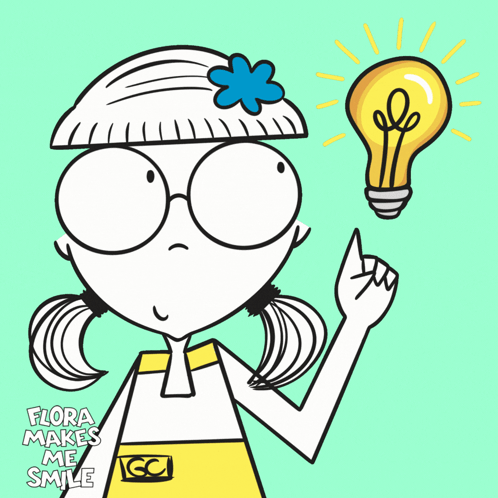 A Cartoon Of A Girl With A Light Bulb Above Her Head And The Words Flora Makes Me Smile GIF