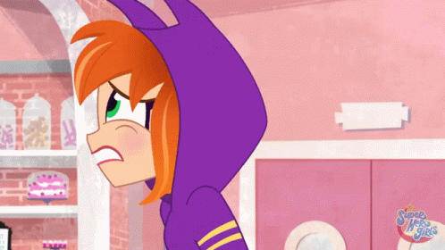A Cartoon Of A Girl With A Purple Hoodie And The Words Super Heroes Girls On The Bottom GIF