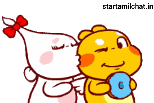 a cartoon of a girl with a red bow and a yellow bear holding a blue donut