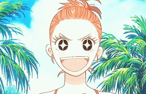 Girl With Star In Eyes Standing In Front Of Palm Trees GIF