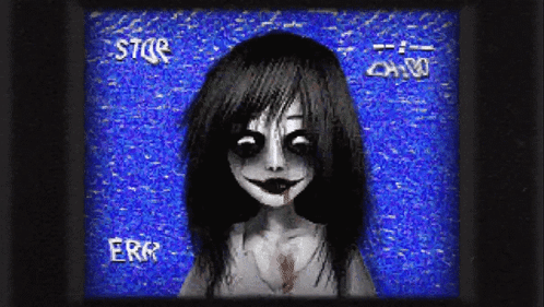 A Cartoon Of A Girl With Blood On Her Face Is On A Screen With A Blue Background And The Words Error And Stop On It GIF