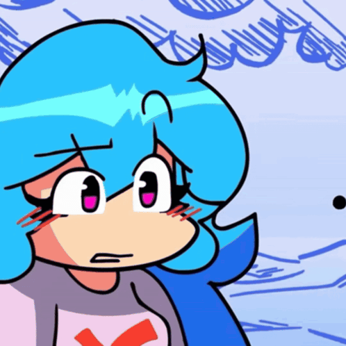 A Cartoon Of A Girl With Blue Hair And A Shirt That Says X On It GIF