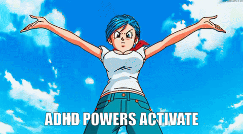 A Cartoon Of A Girl With Blue Hair And The Words " Adhd Powers Activate " Below Her GIF