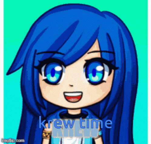 A Cartoon Of A Girl With Blue Hair And The Words Krew Time On The Bottom GIF