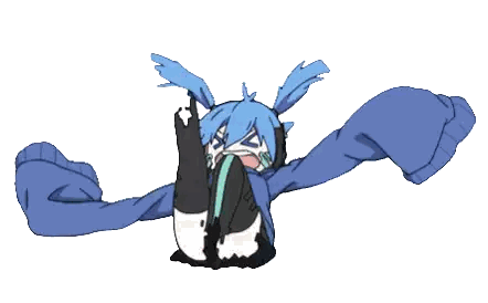 a cartoon of a girl with blue hair covering her eyes with her hands