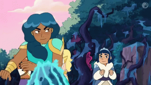 A Cartoon Of A Girl With Blue Hair Standing Next To Another Girl With Blue Hair GIF