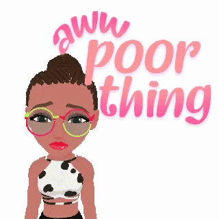 A Cartoon Of A Girl With Glasses And The Words " Aww Poor Thing " Behind Her GIF