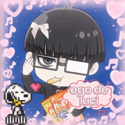 A Cartoon Of A Girl With Glasses Holding A Bag Of Chips With The Name Ego De Tuci On It GIF