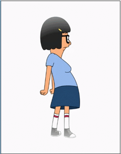 A Cartoon Of A Girl With Glasses Standing In Front Of A Row Of Pink Hearts GIF