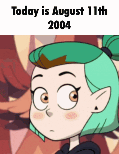 A Cartoon Of A Girl With Green Hair And The Date August 11Th 2004 GIF
