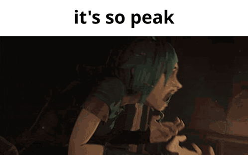 A Cartoon Of A Girl With Green Hair And The Words It 'S So Peak GIF