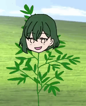 A Cartoon Of A Girl With Green Hair Behind A Plant GIF