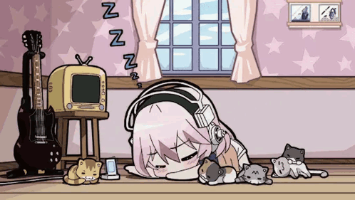 A Cartoon Of A Girl With Headphones Sleeping On The Floor GIF