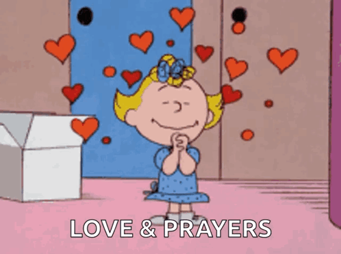A Cartoon Of A Girl With Hearts Around Her And The Words Love And Prayers GIF