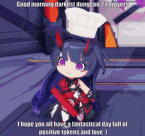 A Cartoon Of A Girl With Horns And A Chef 'S Hat Says Good Morning Darkest Dungeon 2 Enjoyers GIF