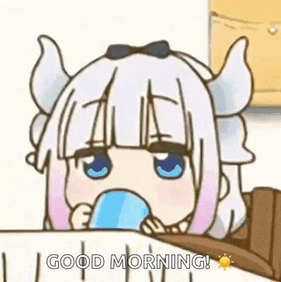 A Cartoon Of A Girl With Horns Drinking From A Cup And Saying Good Morning . GIF
