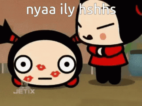 A Cartoon Of A Girl With Kisses On Her Face And The Words " Nyaa Ily Hshhs " On The Bottom GIF