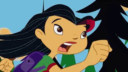 A Cartoon Of A Girl With Long Black Hair And A Green Shirt With A Red Star On It GIF