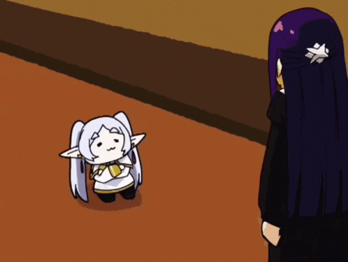 A Cartoon Of A Girl With Long Purple Hair Standing Next To A Small White Elf GIF