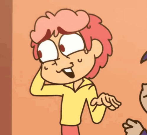 a cartoon of a girl with pink hair and a yellow shirt