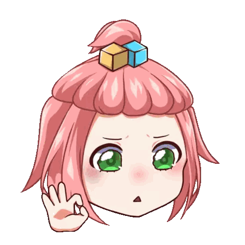 a cartoon of a girl with pink hair and green eyes giving an ok sign