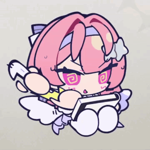 A Cartoon Of A Girl With Pink Hair And White Wings Holding A Book GIF