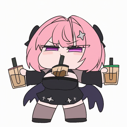 A Cartoon Of A Girl With Pink Hair Drinking A Bubble Tea GIF