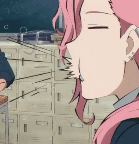 A Cartoon Of A Girl With Pink Hair Making A Face GIF
