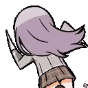 a cartoon of a girl with purple hair and a plaid skirt is standing upside down .