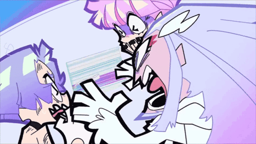 A Cartoon Of A Girl With Purple Hair And A White Dress GIF