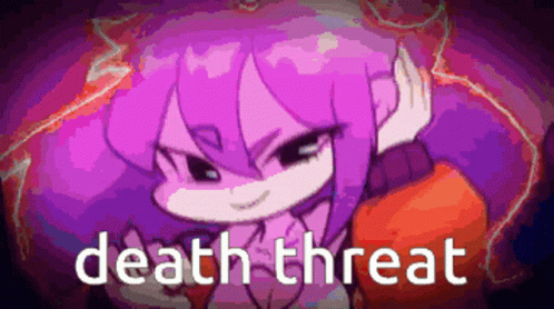 A Cartoon Of A Girl With Purple Hair And The Words Death Threat On The Bottom GIF