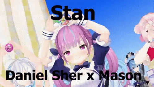 A Cartoon Of A Girl With Purple Hair And The Words " Stan Daniel Sher X Mason " GIF