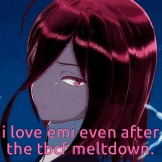 A Cartoon Of A Girl With Red Hair And The Words " I Love Emi Even After The Tbcf Meltdown " GIF