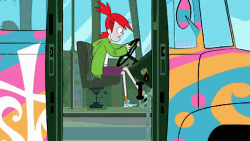 A Cartoon Of A Girl With Red Hair Driving A Colorful Bus GIF