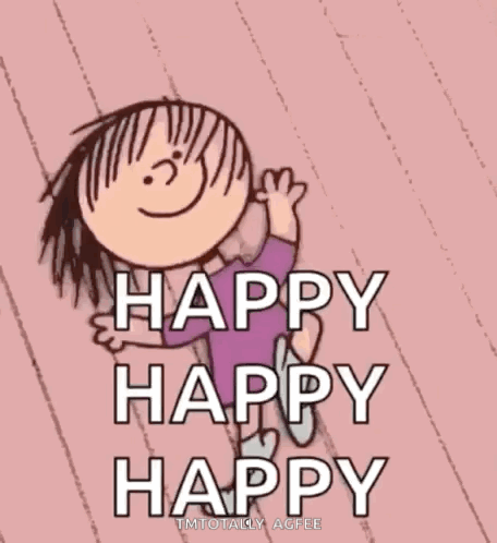 A Cartoon Of A Girl With The Words Happy Happy Happy Written On It GIF